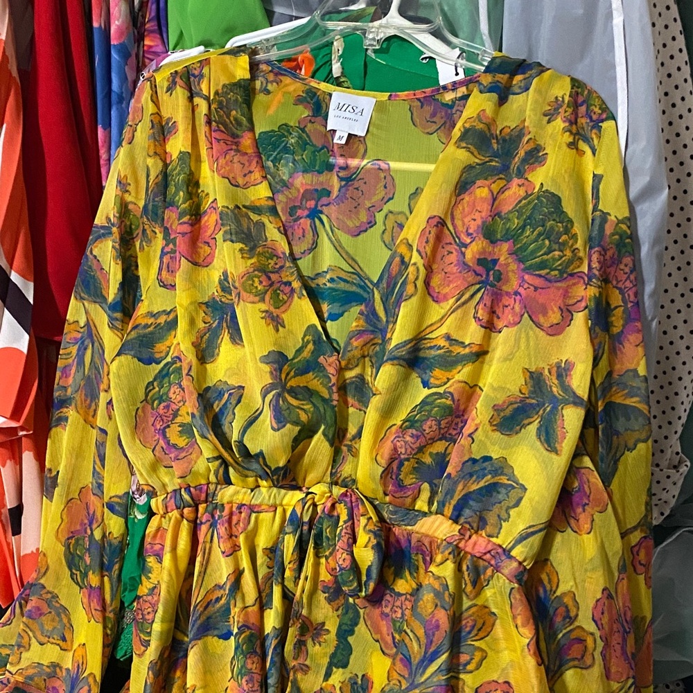MisaFloral Yellow Dress with Pink and Green Accents